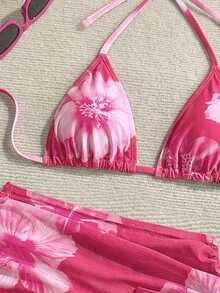 Soleia Conjunto de bikini y pareo con estampado floral para mujer - Rosa - Ver 5