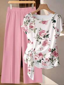 SHEIN Clasi Floral Print Plus Size 2 Pieces Set, Suitable For Vacation Outfit - Multicolor - View 3