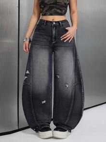 Jeanoix Jeans de pierna acampanada lavados de moda casual para mujer - Negro - Ver 4