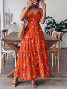 Breezaya 新款复古碎花生日婚礼多层拼接可爱蝴蝶结连衣裙（女款） - 紅色 - 查看 5