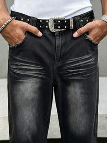 Manfinity EMRG Plus Size Men's Fashionable Cat Whisker Pleated Pocket Denim Jeans - Black - View 4