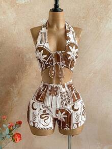 Conjunto de 2 piezas de top con cuello halter y pantalones cortos estampados de estilo tropical, adecuado para fiestas, citas, Día de San Valentín, Pascua, carnavales, té de la tarde, play - Marrón - Ver 9