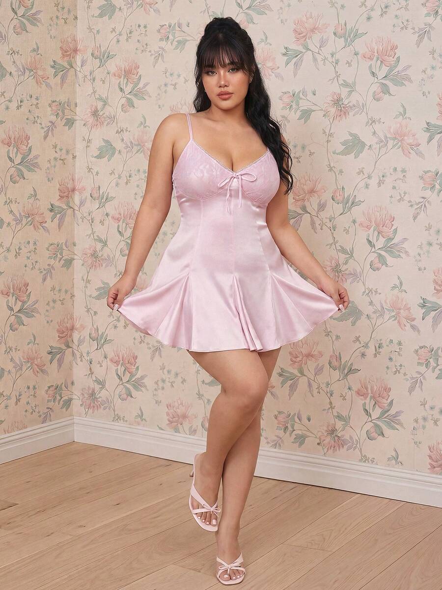 CovetEZ Vestido mini romántico de línea A con encaje jacquard, talla grande, adecuado para fiestas, San Valentín y citas, primavera/verano - Rosa - Ver 1