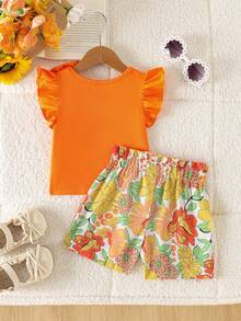 SHEIN Playful Pals 2件組女嬰0-3歲橘色夏季可愛度假休閒優雅外出裝 蝴蝶結喇叭袖上衣收腰花卉印花短褲套裝 - 橘色 - 查看 2