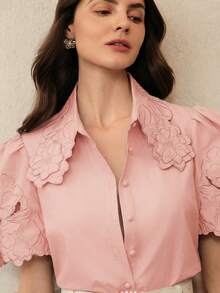 Anewsta 女士花卉镂空刺绣优雅衬衫，适合夏季通勤 - 粉色 - 查看 1