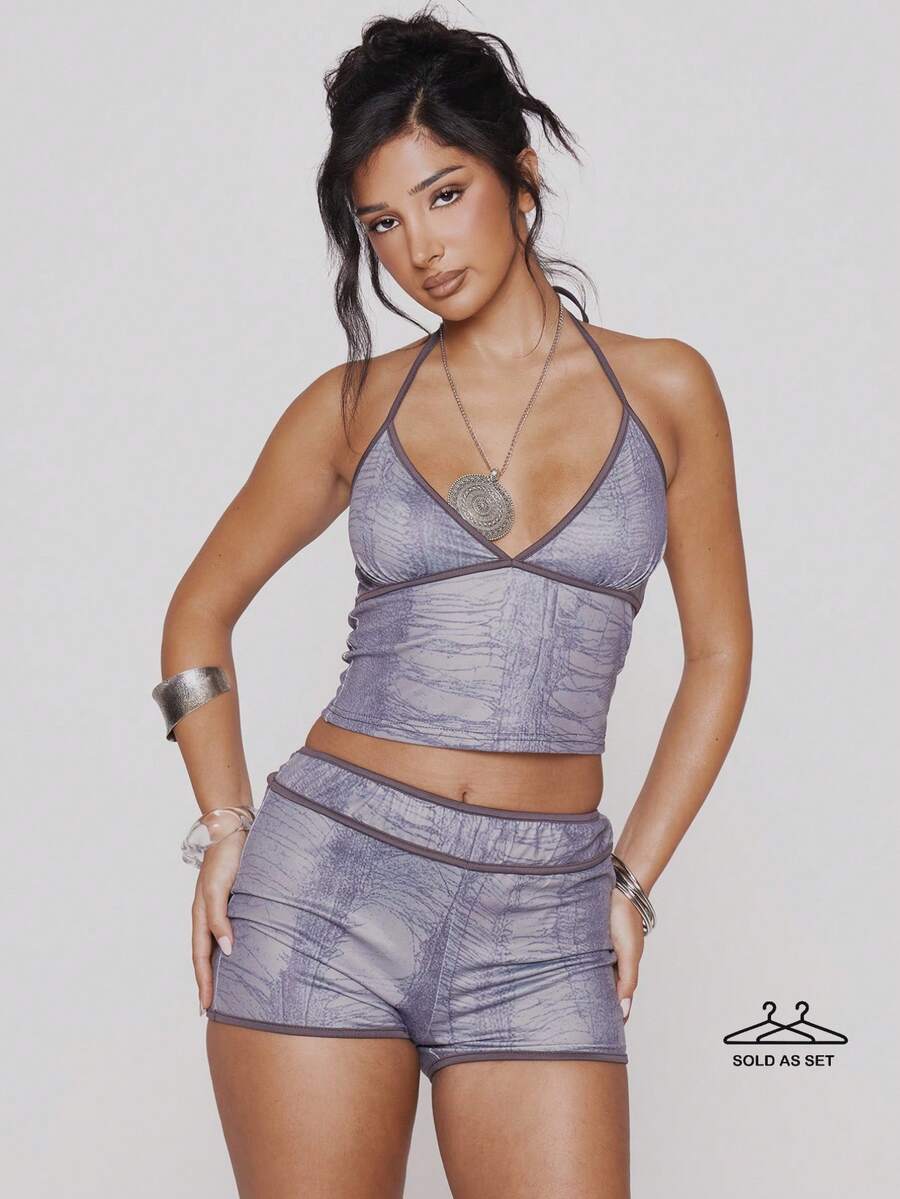 MUSERA Bộ đồ thể thao phối hợp áo thun Jersey cổ yếm ôm sát và quần short cạp thấp, họa tiết rách, thích hợp cho mùa xuân hè, lễ hội, gợi cảm, kỳ nghỉ ở Ibiza, phong cách Y2K, cao bồi phá cách. - Xám - Xem 1