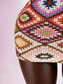 SaltGleam SaltGleam 女士时尚印花吊带V领迷你连衣裙，休闲印花镂空面料修身连衣裙，性感年轻女士沙滩度假连衣裙，春夏款 - 彩色 - 查看 3