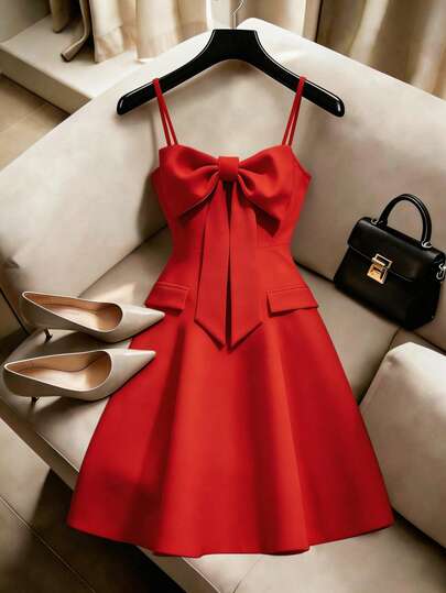 SHEIN Franclia Women's Spaghetti Strap Dress, Big Bow Decor, Solid Color, Suitable For Summer & Spring, Romantic Red, Chinese Style Elegant Casual Fashion, Suitable For Valentine's Day, Wedding Guest, Evening Party, A-Line Design With Zipper Back