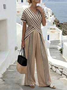 SHEIN Holidaya Women's Elegant Casual Vacation Striped 2 Pieces Set - Khaki - View 4
