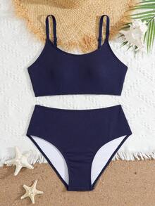 SHEIN Teen Girls Two Pieces Swimwear Summer Beach Holiday Ribbed Texture Solid Color Cami Bralette High Waist Bikini Set Tummy Control Bathing Suit - Navy Blue - View 6