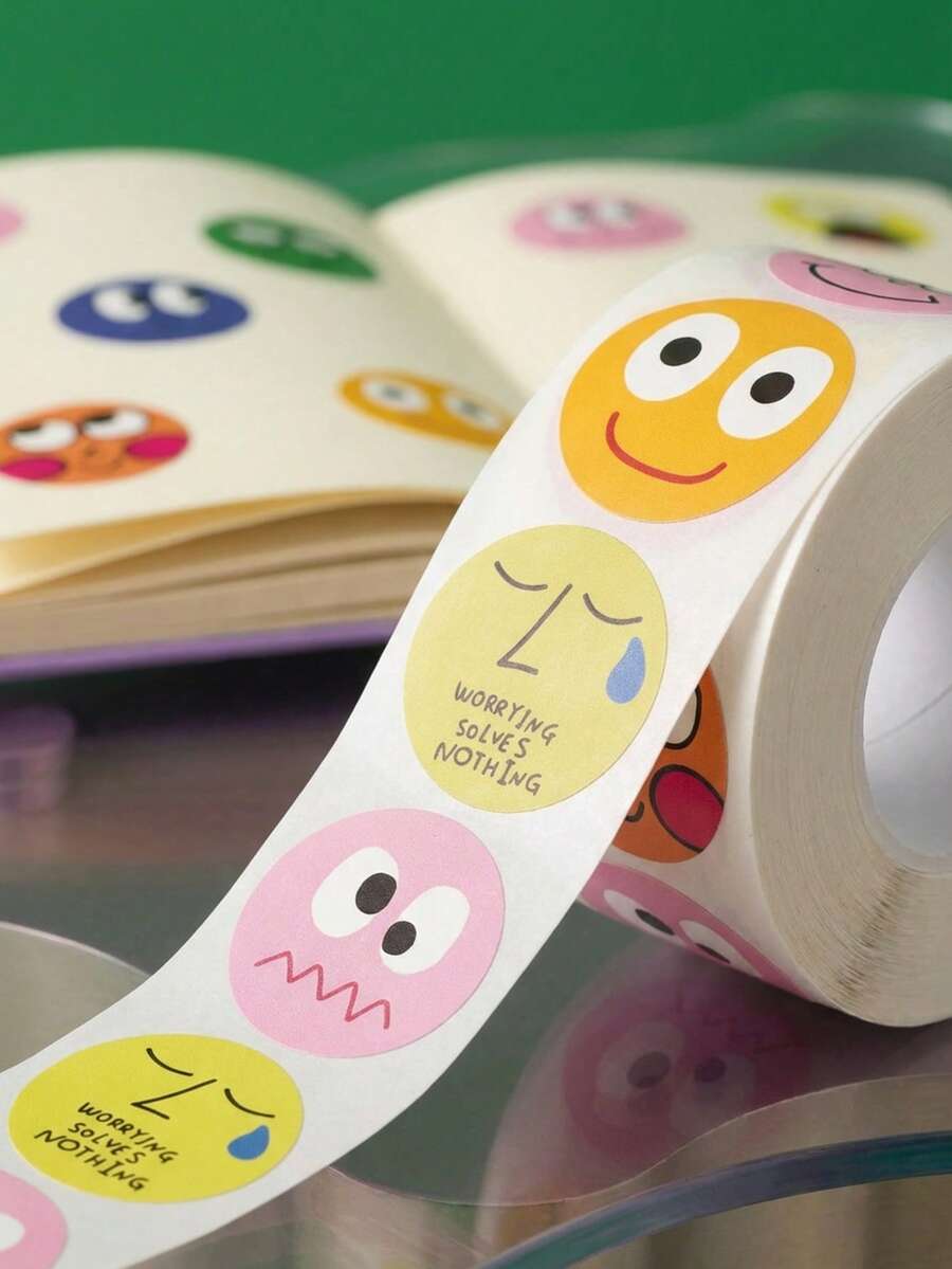 Joivida 1 Roll (500 Sheets Total) 2.5cm Round Funny Stickers - 8 Cute Cartoon Expression Designs, Self-Adhesive Label Stickers For Kids Reward, Gift Wrapping, Bakery Sealing & Daily Decor, Waterproof & Easy Peel, Vibrant Colorful Sticker Roll For Scrapbooking, Stationery & Party Supplies - Multicolor - View 1
