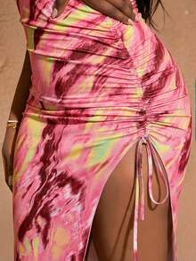SHEIN SXY 大码女式春夏扎染侧开衩抽绳下摆抹胸连衣裙 - 粉色 - 查看 6