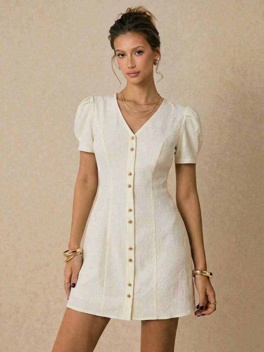 Poéselle 女士纯色V领纽扣优雅收腰派对连衣裙 - 杏色 - 查看 1