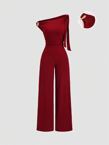 Sweetra Tall Mono elegante y cómodo para oficina de mujer, color borgoña, con diseño de hebilla metálica y corbata, pierna recta, para primavera/verano - Burdeos - Ver 1