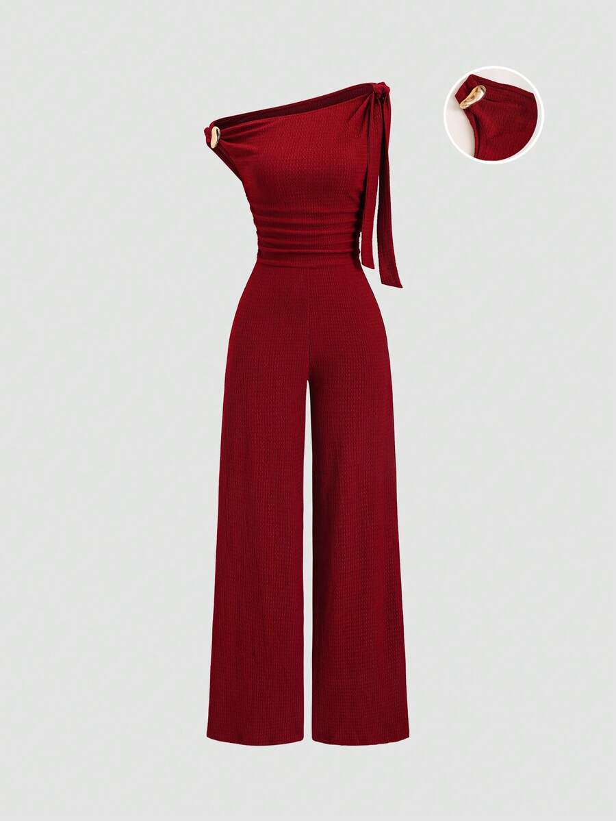 Sweetra Tall Mono elegante y cómodo para oficina de mujer, color borgoña, con diseño de hebilla metálica y corbata, pierna recta, para primavera/verano - Burdeos - Ver 1