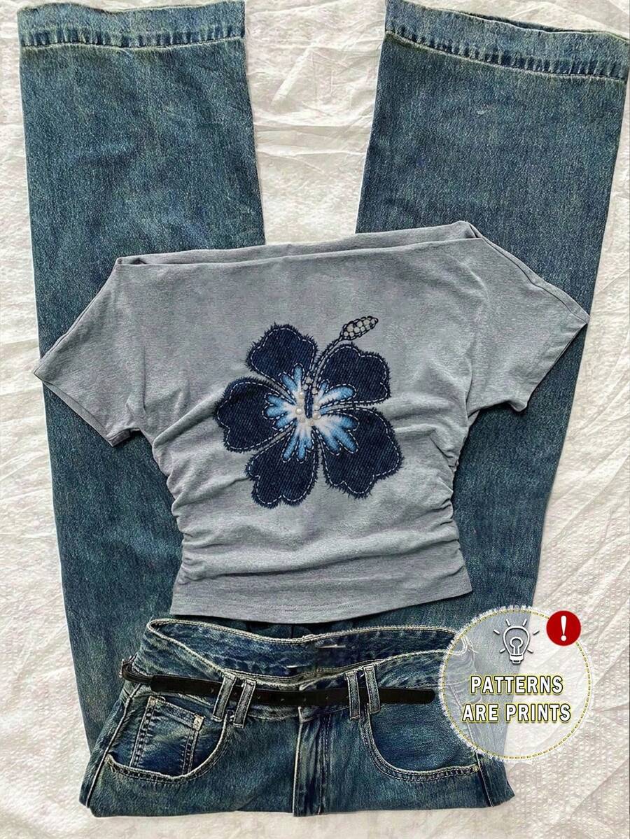 Áo thun tay ngắn dáng suông, nhún eo, trễ vai, ôm sát, thoải mái cho bé gái tuổi teen, thích hợp mặc mùa hè. - Xám - Xem 1