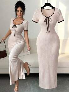 Elenzga Vestido largo ajustado de manga corta con diseño de lazo en la cintura y cuello de corazón elegante y romántico en color albaricoque, para primavera/verano - Albaricoque - Ver 1