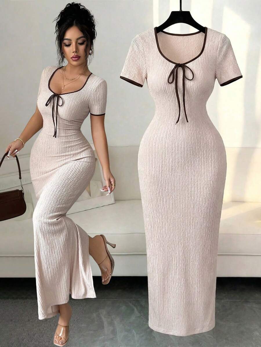 Elenzga Vestido largo ajustado de manga corta con diseño de lazo en la cintura y cuello de corazón elegante y romántico en color albaricoque, para primavera/verano - Albaricoque - Ver 1