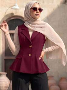 Calvaya 女式春夏法式V领优雅蝴蝶结纽扣无袖修身A字型白色西装外套 - 酒紅色 - 查看 6