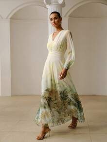 ZEYLAH Women's Elegant V-Neck Patterned Mesh Dress, Summer - Green - View 7
