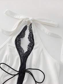 SHEIN Franclia Women's Lace Patchwork Halter Neck Tie Camisole Halter Top Lace Trim Top Bowknot Detail Top White Crop Top Sleeveless Top - White - View 5