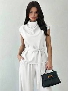 Firerie Women's White 2-Piece Set, Elegant Summer Office Turtleneck Cap Sleeve Shirt Elastic Waist Wide Leg Pants Set, Commuter Business Work Outfits - White - View 6
