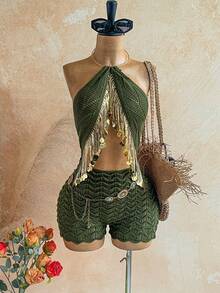 Soleia Bộ áo liền quần dệt kim cổ yếm gợi cảm khoét lỗ, đính sequin, phối hợp nhiều mảnh, dành cho nữ, thích hợp cho kỳ nghỉ. - xanh quân đội - Xem 1