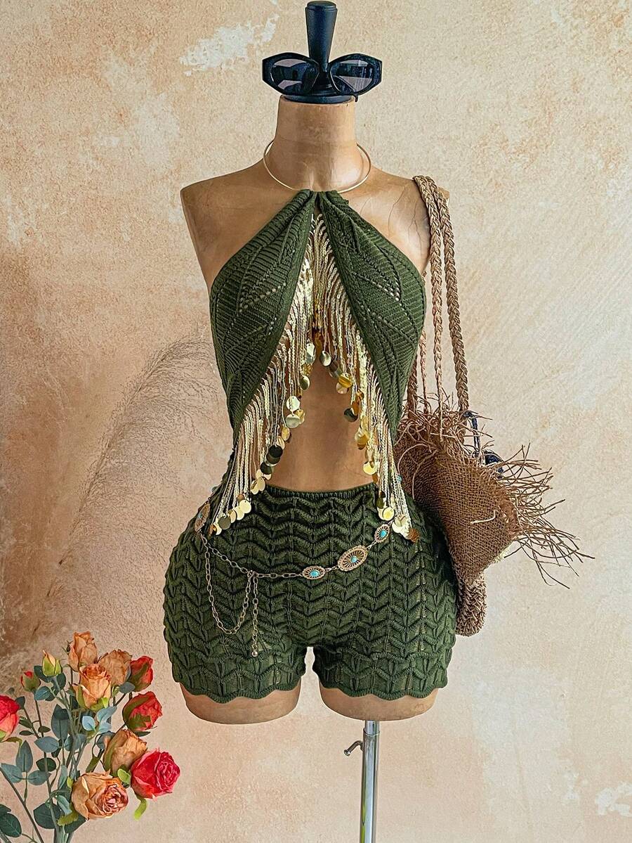 Soleia Bộ áo liền quần dệt kim cổ yếm gợi cảm khoét lỗ, đính sequin, phối hợp nhiều mảnh, dành cho nữ, thích hợp cho kỳ nghỉ. - xanh quân đội - Xem 1