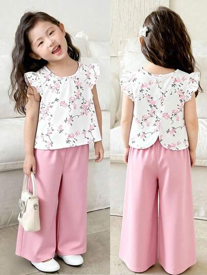 Elladie kids Bộ 2 món kiểu Hàn Quốc cho bé gái mùa xuân/hè, áo thun trắng dệt kim in hoa hồng kỹ thuật số, cổ tròn không tay tay bồng, cài cúc trắng, kết hợp với quần dài màu hồng trơn dệt kim, tối giản, thanh lịch, dễ thương, phong cách thường ngày sành điệu, phù hợp cho đi học, đi chơi, nghỉ lễ, mùa xuân/hè.