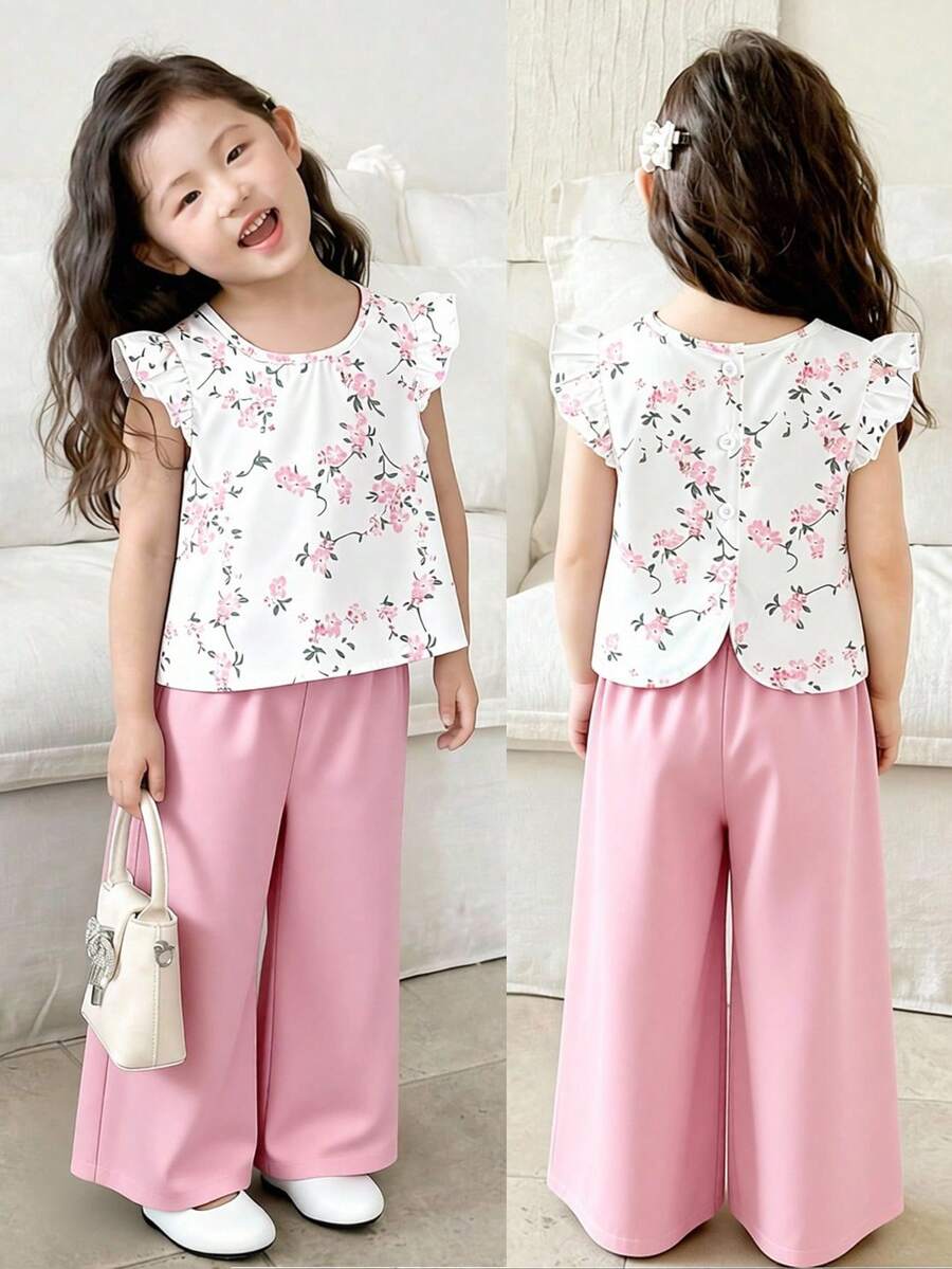 Elladie kids 2件組少女韓系夏季家庭套裝,粉色花卉印花荷葉袖鈕扣上衣與素色休閒長褲,優雅簡約風 - 粉色 - 查看 1