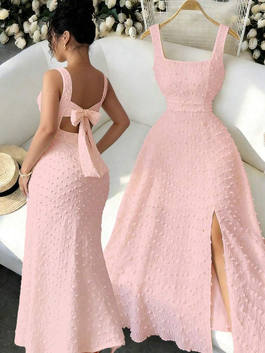 Elenzga New Sleeveless Square Neck Textured Knit Dress With Open Back Bow Tie Design, Elegant Fitted Party Dress - Dusty Pink - View 1
