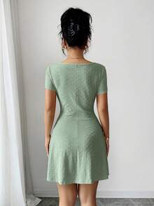 Elenzga Đầm mini mùa hè mới, chất liệu jacquard dệt kim, màu kem bơ, kiểu dáng gợi cảm, ôm sát, thắt nơ phía trước dành cho nữ. - màu xanh lá - Xem 5