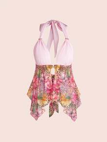 ROMWE Avant Summer Music Festival Vacation Hibiscus Rhinestone Full Print Sexy Crop Top Asymmetrical Hem Camisole For Women - Pink - View 7