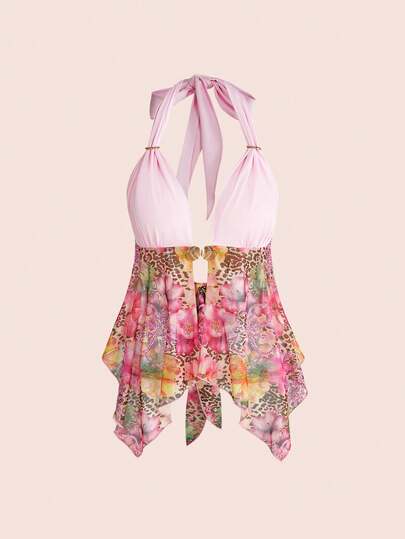 ROMWE Avant Top corto asimétrico con estampado completo de hibisco con strass, para mujer, ideal para festivales de música y vacaciones de verano