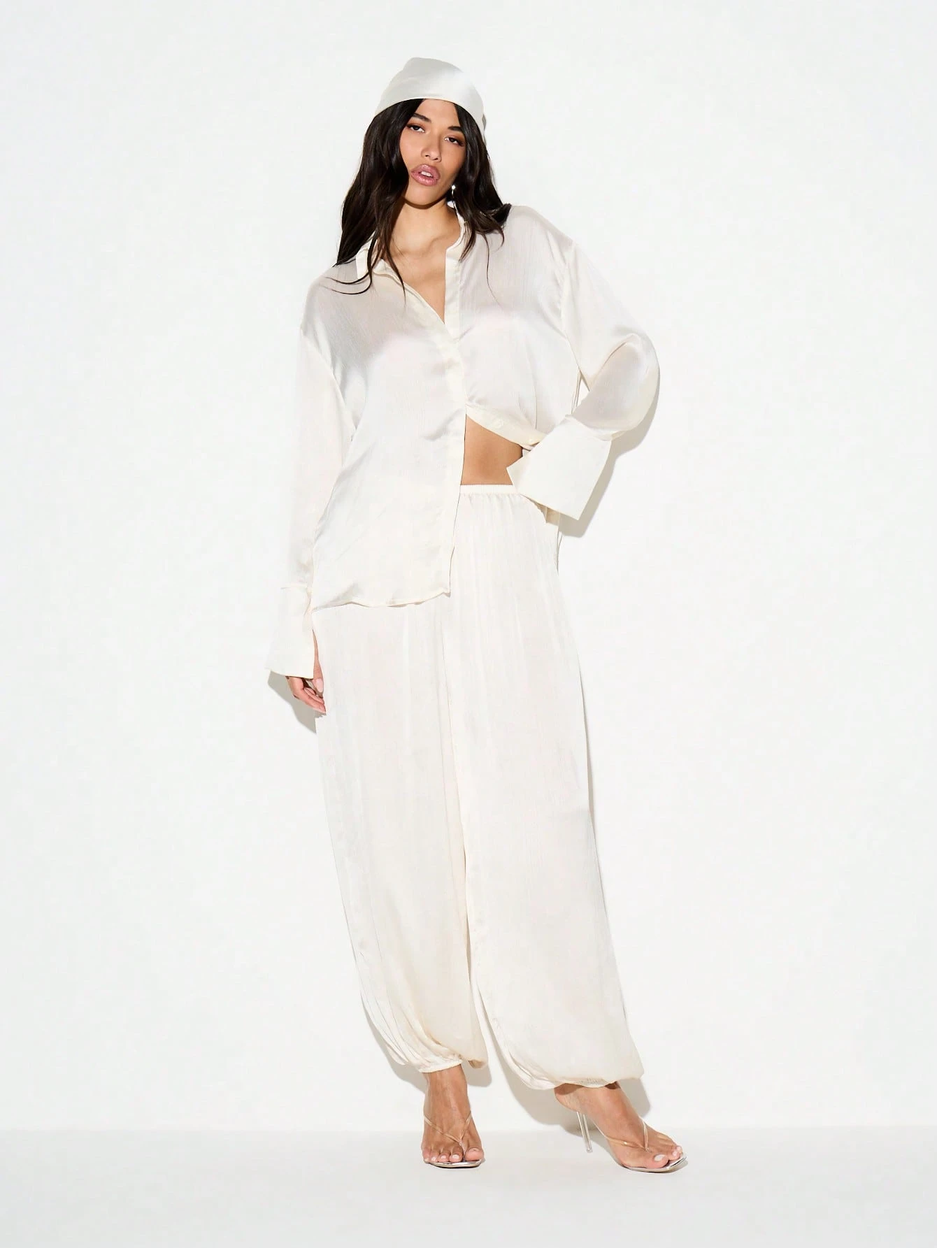 KIZN High Waisted Wide Leg Crinkle Satin Pants