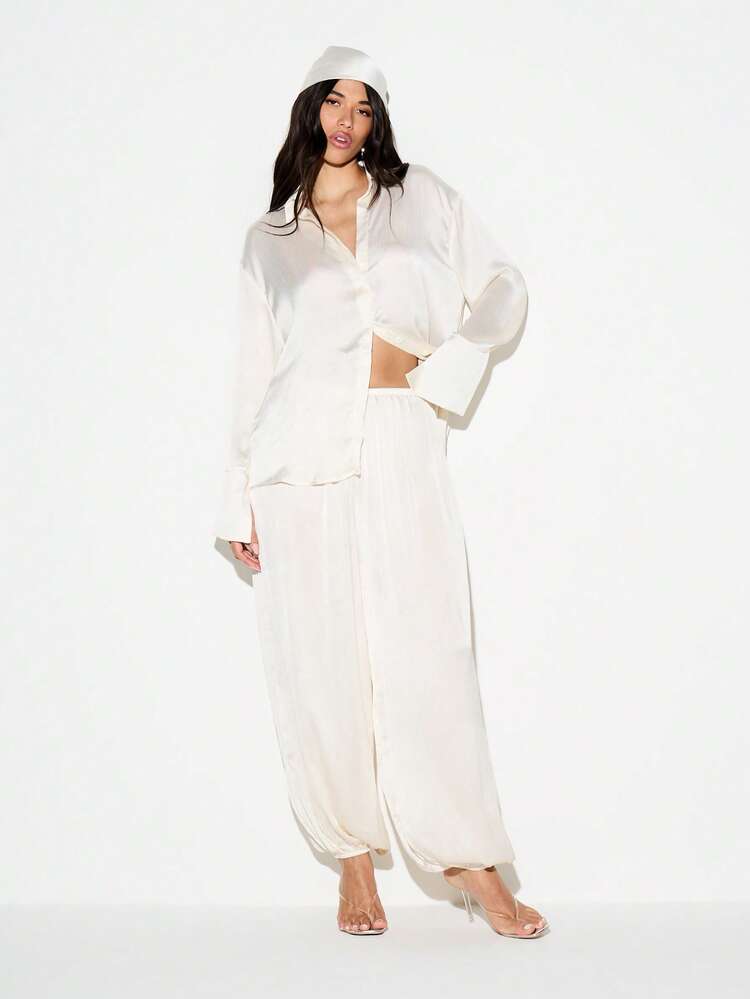 KIZN Women's High Waisted Wide Leg Crinkle Satin Parachute Pants Casual Loose Fit Baggy Drawstring Waistband Palazzo Style Trousers For Spring Summer