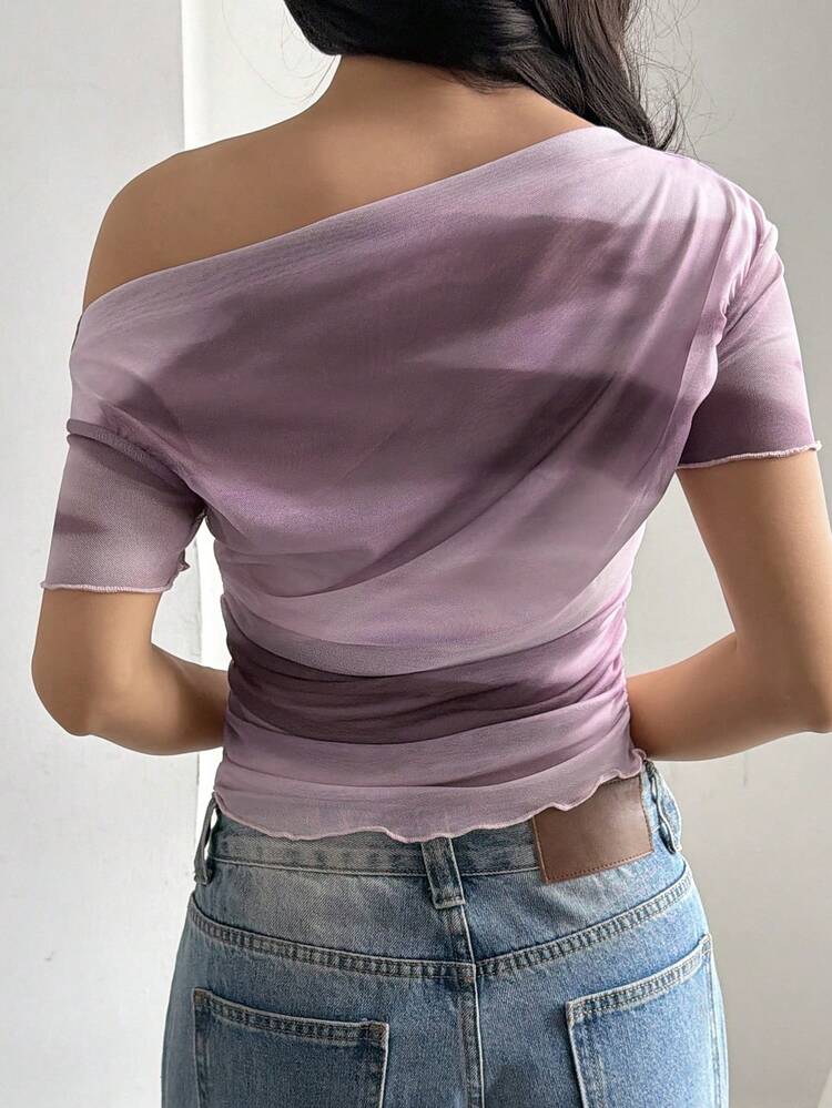 Casual Elegant Ombre Pink Mesh T-Shirt For Women, Spring & Summer