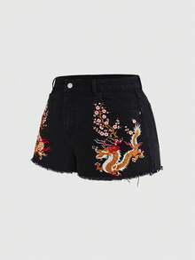 ROMWE Grunge Punk Plus Size Women Retro New Chinese Style Embroidered Fringe Denim Shorts - Black - View 5