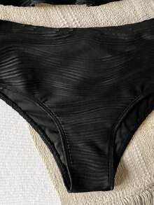 SHEIN 少女吊带背心套装，杏色提花针织露背荷叶边比基尼套装，可爱针织面料露背短款上衣，荷叶边下摆，时尚优雅，适合游泳、海滩、度假、夏季穿着 - 黑色 - 查看 3