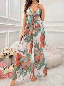 SHEIN 女士热带印花吊带背心和裤子睡衣套装 - 彩色 - 查看 3