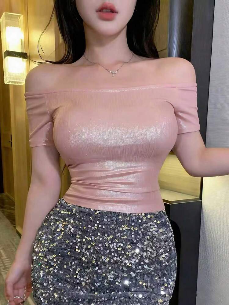 Women's Summer Deep V-Neck Fitted Short Sleeve Shiny Pink Bodycon Casual T-Shirt