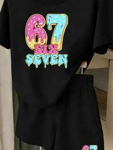Y2K 甜美冰淇淋 67 印花两件套女装夏季休闲T恤+短裤街头风，可爱时尚，适合4-7岁女孩，舒适日常两件套，适合春、夏、秋季穿着。 - 白色 - 查看 4