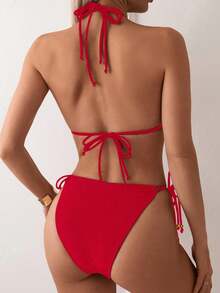 Swim Basics 女款夏季海灘純色掛脖綁帶性感比基尼三角褲兩件式泳衣套裝 - 彩色 - 查看 2