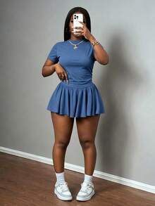 Slaydiva Casual Minimalist Solid Blue Plus Size 2 Pieces Set, Suitable For Summer - Blue - View 6