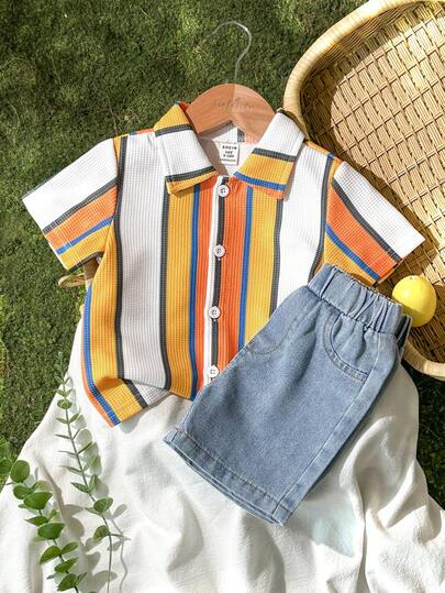 SHEIN Vintaside Kids 男婴时尚休闲撞色条纹Polo衫和水洗牛仔短裤套装，春夏款