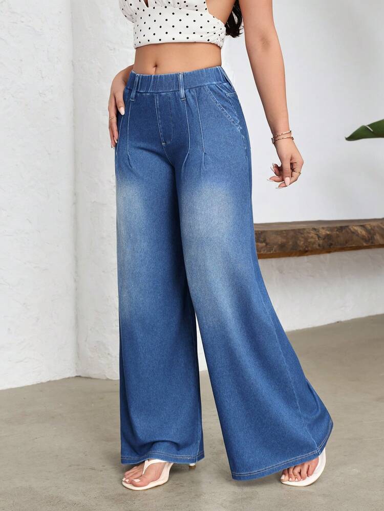 Flexra 女士弹力腰阔腿宽松休闲百搭牛仔裤 - 藍色 - 查看 6