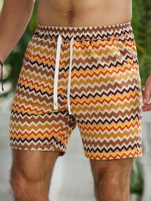 VENTUSAIL Men's Drawstring Waist Wavy Pattern Casual Versatile Daily Wear Shorts - Khaki - View 4