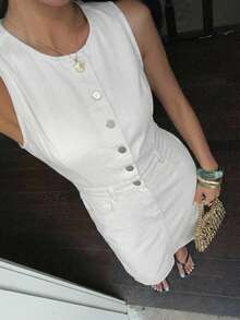 DAZY Women's Casual Washed Denim Round Neck Sleeveless Denim Dress, Summer Dress - Beige - View 6