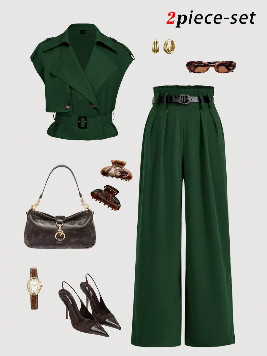 SHEIN MOD Women's Solid Color Lapel NeckDouble-Breasted Jacket And Wide-Leg Pants Elegant Suit Set - Dark Green - View 1
