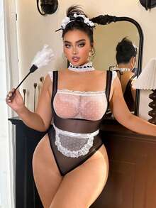 Fantasy Costume Fantasy Costume Conjunto de 3 piezas de ropa interior sexy para mujer - Mono sexy, decoración de cuello con tira de encaje tipo gargantilla - Blanco y Negro - Ver 3